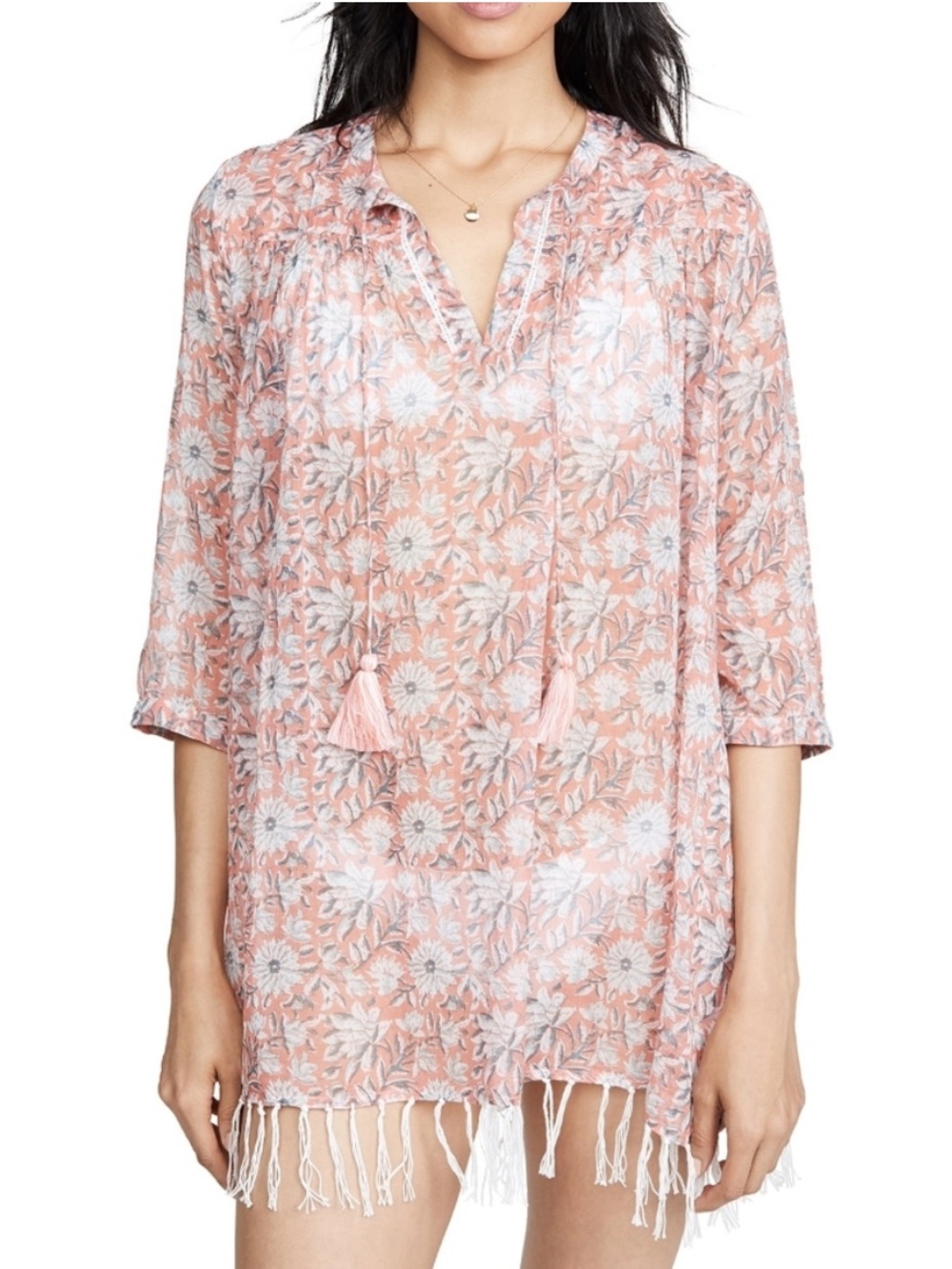 Roller Rabbit Tishka Serafina Pink Floral Cotton Fringe Tunic Beach Coverup L